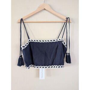Christian Lacroix Navy Blue Linen Crochet Tassel Tie Crop Top M Festival Summer